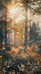 Softly blurred forest with sunlit trees