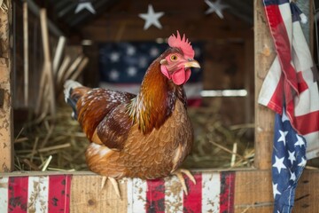 A chicken roosting in a coop adorned with an American flag pattern, indoor setting. 4th of July, american independence day, memorial day concept