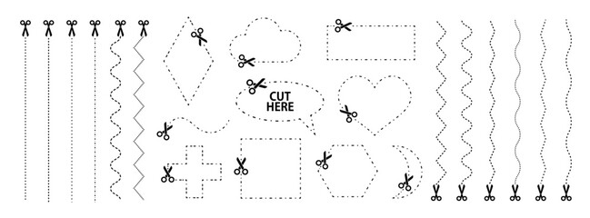 Set of scissors with cut lines. Vector collection of different geometric shapes with dashed strokes and scissors cutting the paper by the various lines. Paper cut icons on white background.