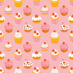 Hand drawn vintage dessert food seamless pattern. Sweet muffin background illustration with retro bakery goods, cup cake wallpaper.	Pastry design texture, restaurant print.