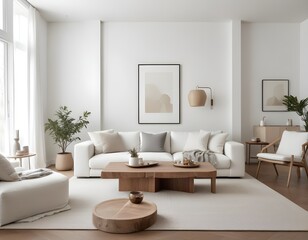 A modern and minimalist living room with a large white sofa, a wooden coffee table with decorative items, and a mockup wall. 3D Rendering