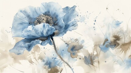 beautiful blue poppy watercolor painting background design concept header web cover poster art work banner presentation template invitation