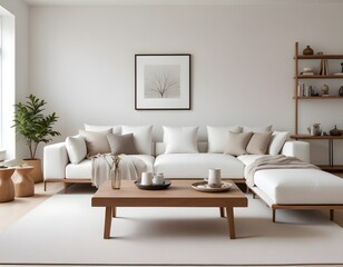 A modern and minimalist living room with a large white sofa, a wooden coffee table with decorative items, and a mockup wall. 3D Rendering