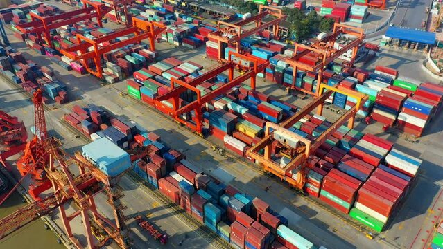 Containers piled up in busy ports, export and import trade