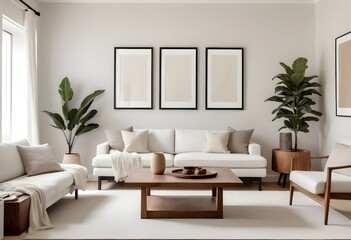 A modern and minimalist living room with a large white sofa, a wooden coffee table with decorative items, and a mockup wall. 3D Rendering