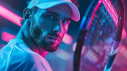 A close-up of a padel tennis player holding a paddle racket on a brightly lit court, perfect for a sports app or betting platform.