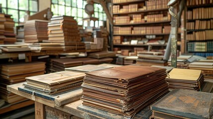 Obraz premium Capture the artistry and precision behind bookbinding in a dynamic image Showcase the careful selection of materials, the intricate stitching, and the final product in a stunning panoramic view