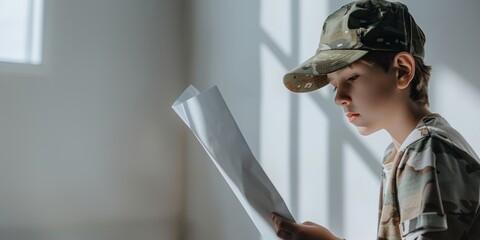 A boy in a camouflage outfit reading a paper, indoors with natural light. Memorial day, - Powered by Adobe