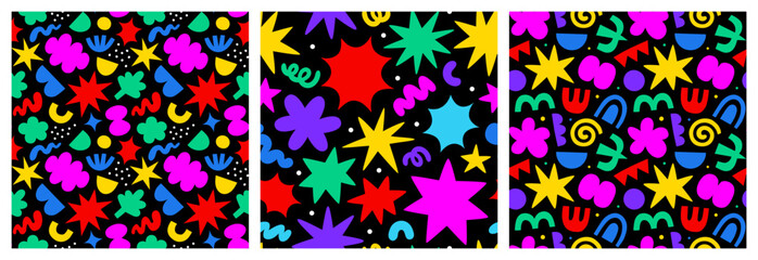 Abstract colorful geometric shape seamless pattern set with colorful star doodles. Flat cartoon background collection, simple random shapes in bright party colors. 