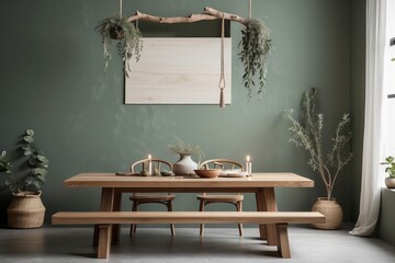 dining room space with wooden table, Sage green concrete raw wall, white curtain, bench, stylish