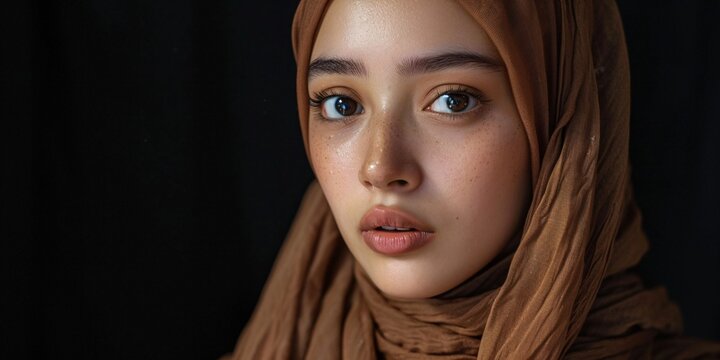 Asian Indonesian female adorned in a chestnut headscarf and dark attire.