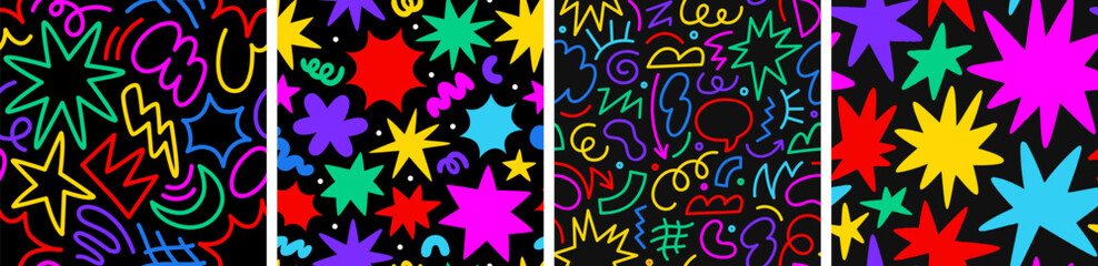Abstract colorful geometric shape seamless pattern set with colorful star doodles. Flat cartoon background collection, simple random shapes in bright party colors. 