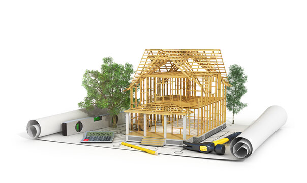 Concept of construction. 3d render of house in building process with trees, calculator and pencil on the blueprint. We see constituents of roof frame and insulation layer.