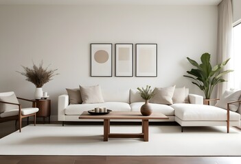 A modern and minimalist living room with a large white sofa, a wooden coffee table with decorative items, and a mockup wall. 3D Rendering
