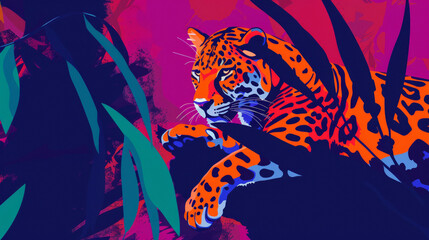 Illustration portrait of a jaguar in trendy colorful psychedelic surreal colors