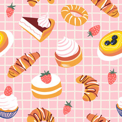 Hand drawn vintage dessert food seamless pattern. Sweet pastry background illustration with retro bakery goods, cup cake wallpaper.	Bistro design texture, restaurant print.