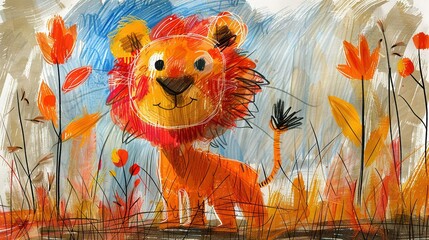   A young artist drew a magnificent lion amidst vibrant orange blossoms and a serene blue sky backdrop