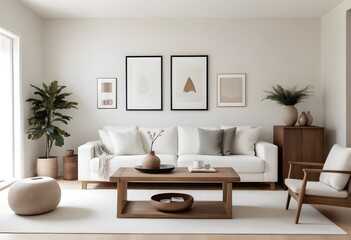 A modern and minimalist living room with a large white sofa, a wooden coffee table with decorative items, and a mockup wall. 3D Rendering