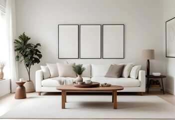 A modern and minimalist living room with a large white sofa, a wooden coffee table with decorative items, and a mockup wall. 3D Rendering