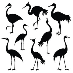 Set of Crane animal black Silhouette Vector on a white background
