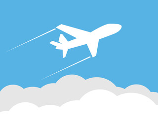 Travel concept illustration in vector. The plane flies and leaves a trail line. Summer vacation background.
