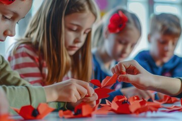 A group of children crafting paper poppies, close-up of their focused work. Memorial day, National Poppy Day