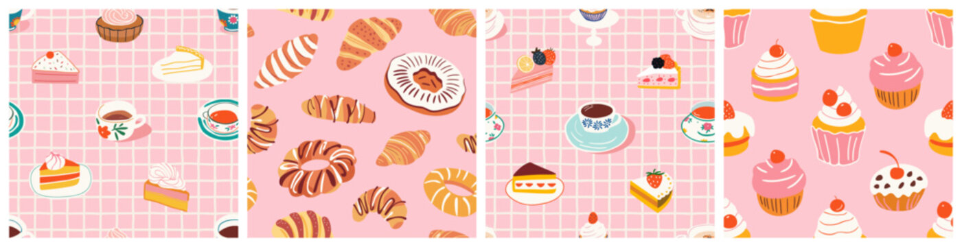 Hand drawn vintage dessert food seamless pattern set. Sweet pastry background collection with retro bakery goods, cup cake wallpaper.	Bistro design texture, restaurant print.