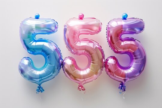 Vibrantly hued balloon for birthday festivities against a blank backdrop. 555 number. 5th digit.