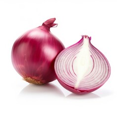 Fresh red onions with half are isolated on white background with clipping path.