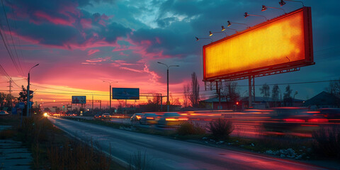 Beautiful dusk scene on a suburban road with vivid sky and a large illuminated billboard suitable for advertising and marketing concepts.