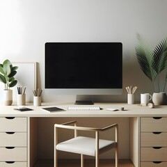 A minimalist home office setup with a clean, uncluttered desk generated by ai