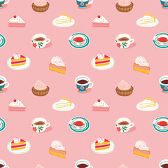 Hand drawn vintage dessert food seamless pattern. English tea cup background illustration with retro coffee mug, sweet cake wallpaper texture print.	