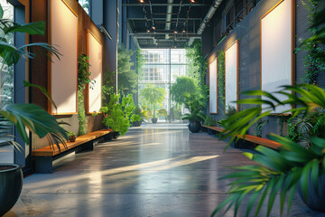 Urban botanical hallway with large advertising panels, suitable for green space concepts in commercial designs.