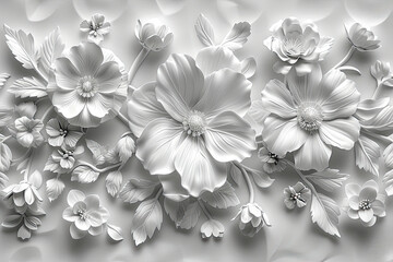  3d luxury flowers wall mural, grayscale, high resolution, seamless background. Created with Ai