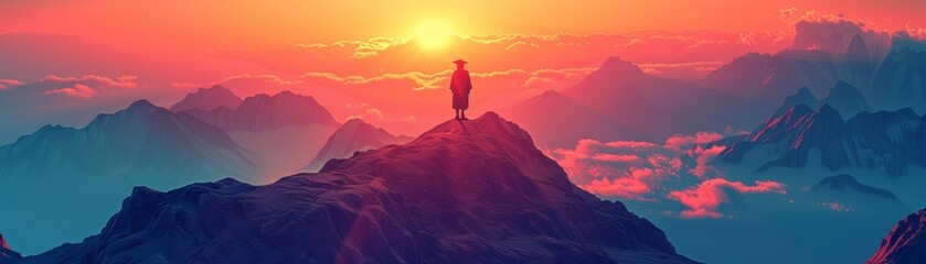 Fototapeta premium Graduate Silhouette on Mountain Summit at Sunset with Colorful Sky