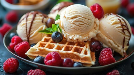  A black table holds a plate of waffles with ice cream, raspberries, and blueberries