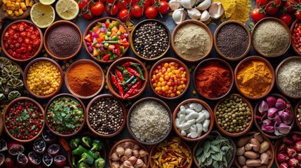 Assortment of colorful spices and fresh ingredients in wooden bowls showcasing vibrant culinary diversity and flavor variety in a generative ai food photograph