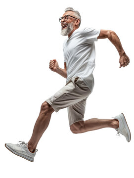Senior Man Running in White T-Shirt and Shorts