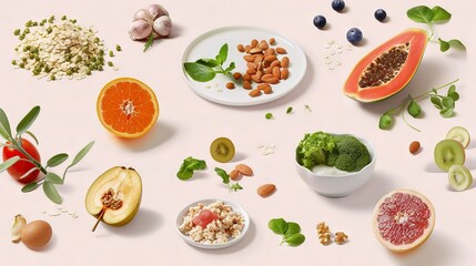  A table topped with fruits and vegetables, a bowl of nuts, and a plate of broccoli and an orange