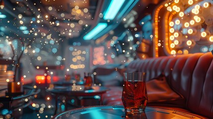 A cozy scene of a cozy corner in a futuristic spaceship, with a defocused backdrop of gently glowing particles