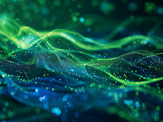 Abstract digital wave glowing with green and blue hues, creating a dynamic and energetic visual effect filled with tiny light particles.