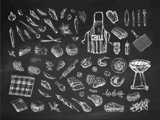 A set of hand-drawn monochrome sketches of barbecue and picnic elements. For the design of the menu of restaurants, grilled food. Doodle vintage illustration on chalkboard background.