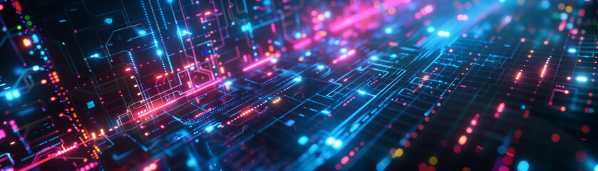 Obraz premium Colorful futuristic abstract technology background with glowing lines and circuits, representing data flow and digital communication.