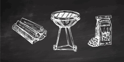 Hand-drawn vector monochrome sketch of Barbecue grill, charcoal and firewood on chalkboard background. Decorations for the menu of cafes and labels.