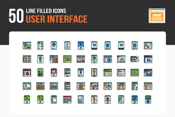 Set of 50 User Interface icons related to home, search, Settings, Profile Line Filled Icon collection