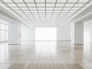 Naklejka premium Spacious, bright, and empty art gallery with white walls and tiled floor, showcasing minimalist design.