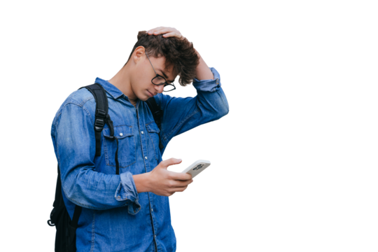 young man in a denim shirt and glasses, with a backpack, looks at his phone, scratching his head in a thoughtful gesture against transparent background