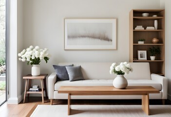 A modern and minimalist living room with a large white sofa, a wooden coffee table with decorative items, and a mockup wall. 3D Rendering