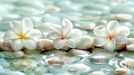 Fototapeta na wymiar A cluster of white blooms atop a mound of shells above a watery expanse