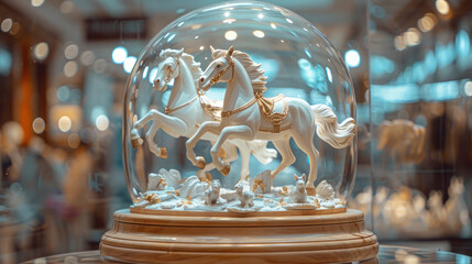 A wooden music box with three white horses on it, placed in the center of an American Style store display case. The carousel is made from natural wood and has blue accents.